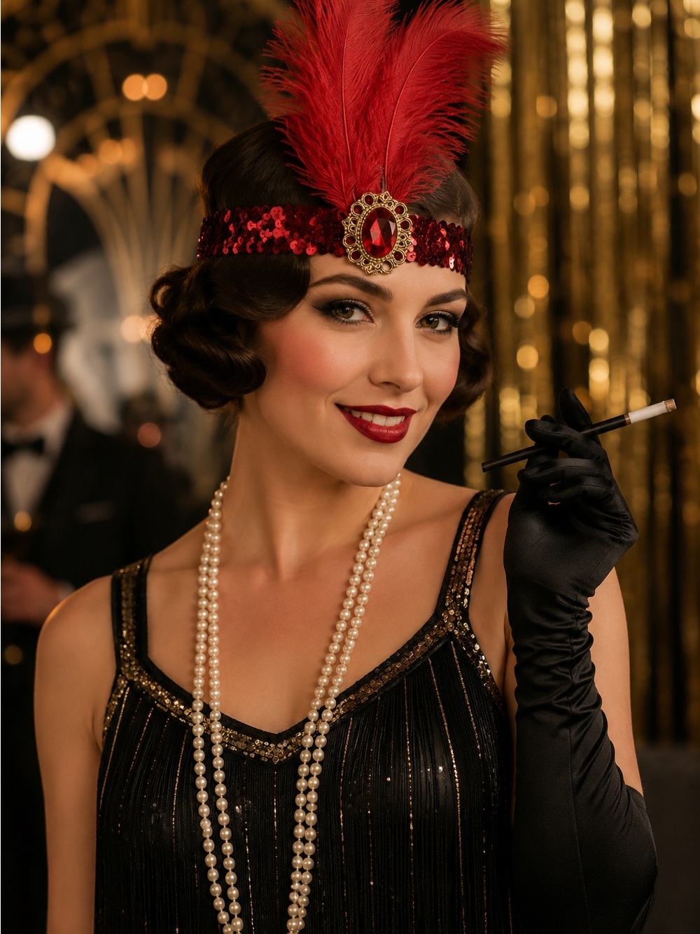 Red Sequin Feather Headband - Vintage Glam Hair Accessory